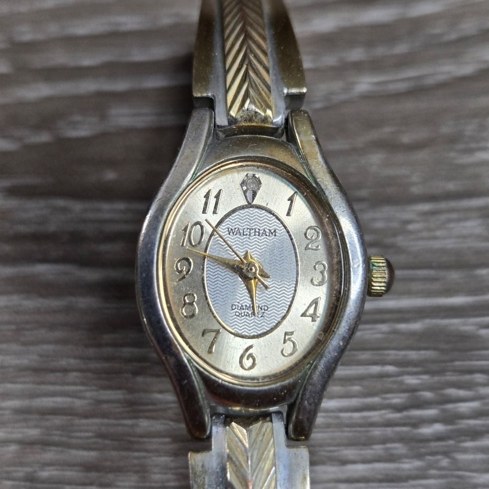 Waltham Two Tone Quartz Women's Bangle Watch 6.25" Diamond Dial Tested WTH11